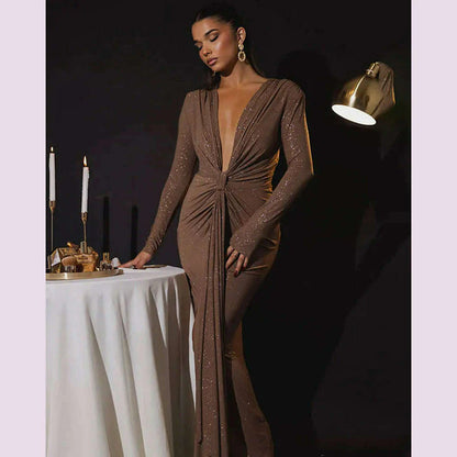 GACVGA Glitter Deep V Neck Sexy Maxi Dress For Women Autumn Elegant Sparkle Slit Ruched Bodycon Club Party Long Evening Dress