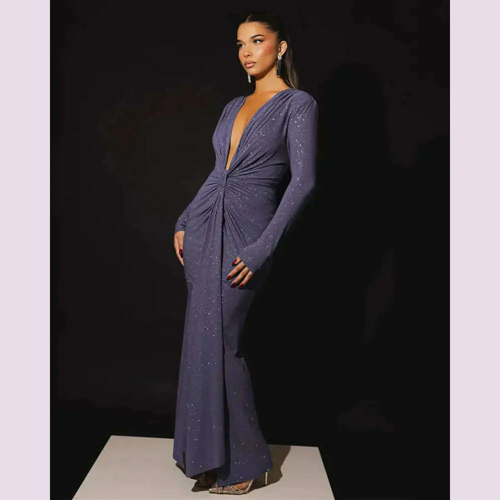 GACVGA Glitter Deep V Neck Sexy Maxi Dress For Women Autumn Elegant Sparkle Slit Ruched Bodycon Club Party Long Evening Dress