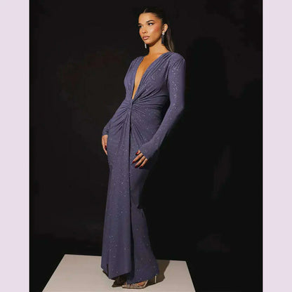 GACVGA Glitter Deep V Neck Sexy Maxi Dress For Women Autumn Elegant Sparkle Slit Ruched Bodycon Club Party Long Evening Dress