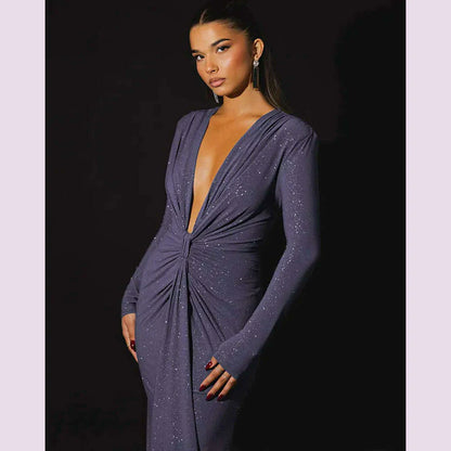 GACVGA Glitter Deep V Neck Sexy Maxi Dress For Women Autumn Elegant Sparkle Slit Ruched Bodycon Club Party Long Evening Dress