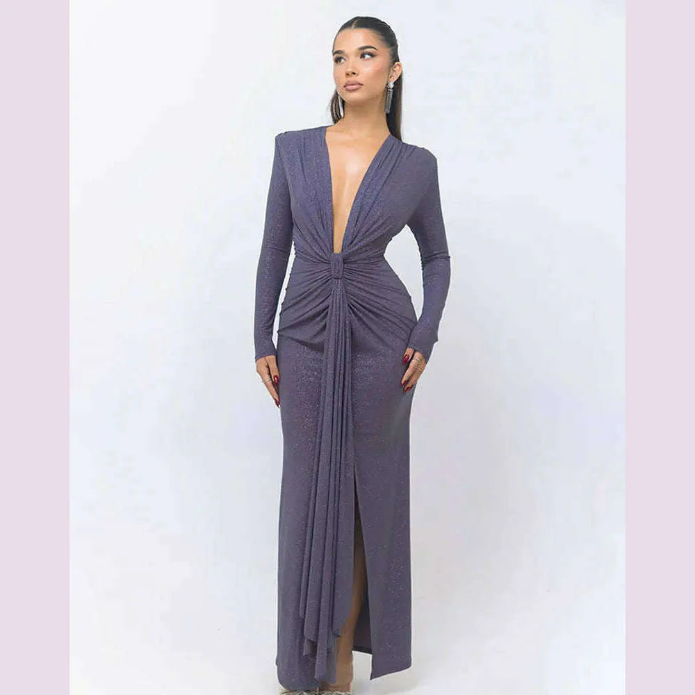 GACVGA Glitter Deep V Neck Sexy Maxi Dress For Women Autumn Elegant Sparkle Slit Ruched Bodycon Club Party Long Evening Dress