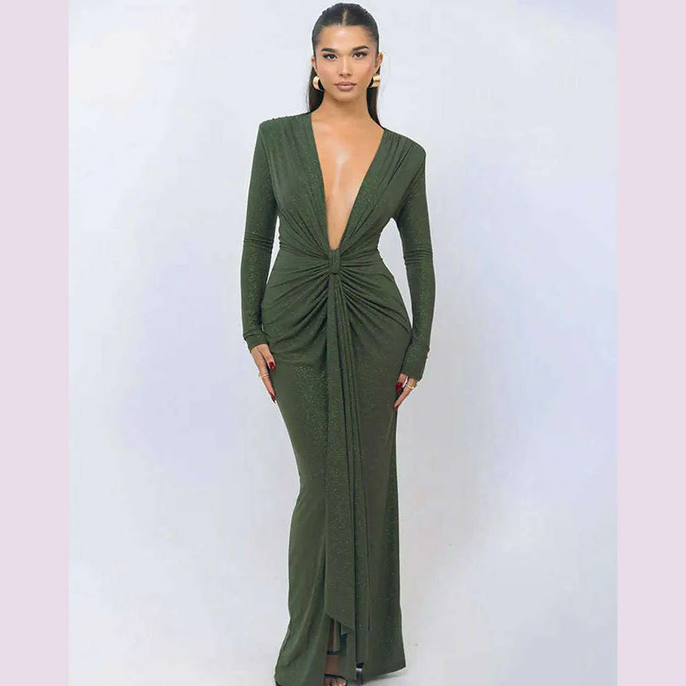GACVGA Glitter Deep V Neck Sexy Maxi Dress For Women Autumn Elegant Sparkle Slit Ruched Bodycon Club Party Long Evening Dress