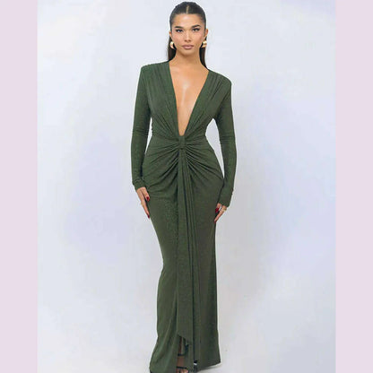 GACVGA Glitter Deep V Neck Sexy Maxi Dress For Women Autumn Elegant Sparkle Slit Ruched Bodycon Club Party Long Evening Dress