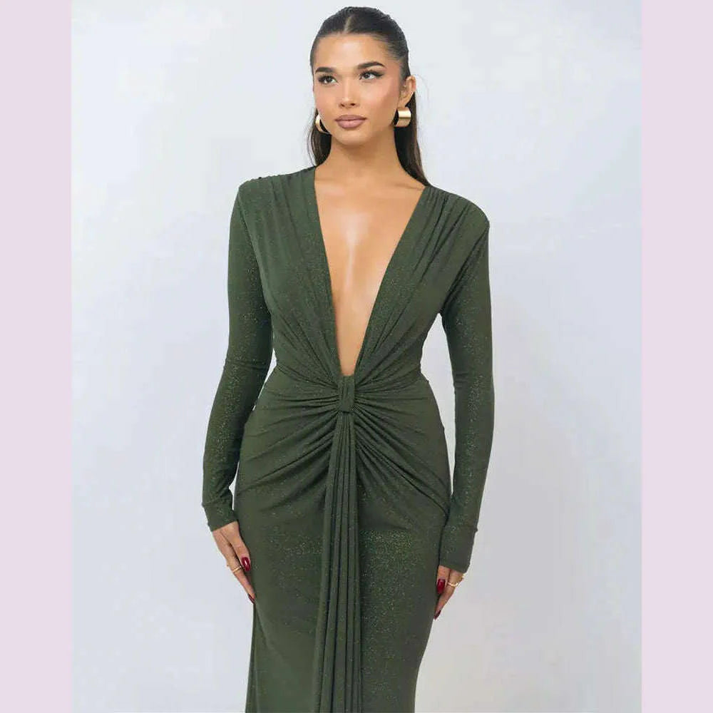 GACVGA Glitter Deep V Neck Sexy Maxi Dress For Women Autumn Elegant Sparkle Slit Ruched Bodycon Club Party Long Evening Dress
