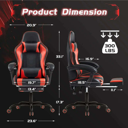 Gaming Chair with Footrest and Massage Lumbar Support, Video Racing Seat Height Adjustable with 360°Swivel and Headrest
