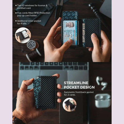 Gebwolf Credit Card Case with Double ID Window RFID Blocking Automatic Leather Pop Up Wallet Cardholder