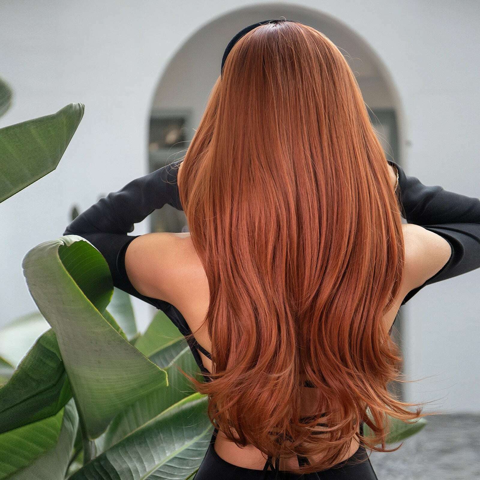 GEMMA Red Brown Copper Ginger Long Straight Synthetic Wigs for Women Natural Wave Wigs with Bangs Heat Resistant Cosplay Hair