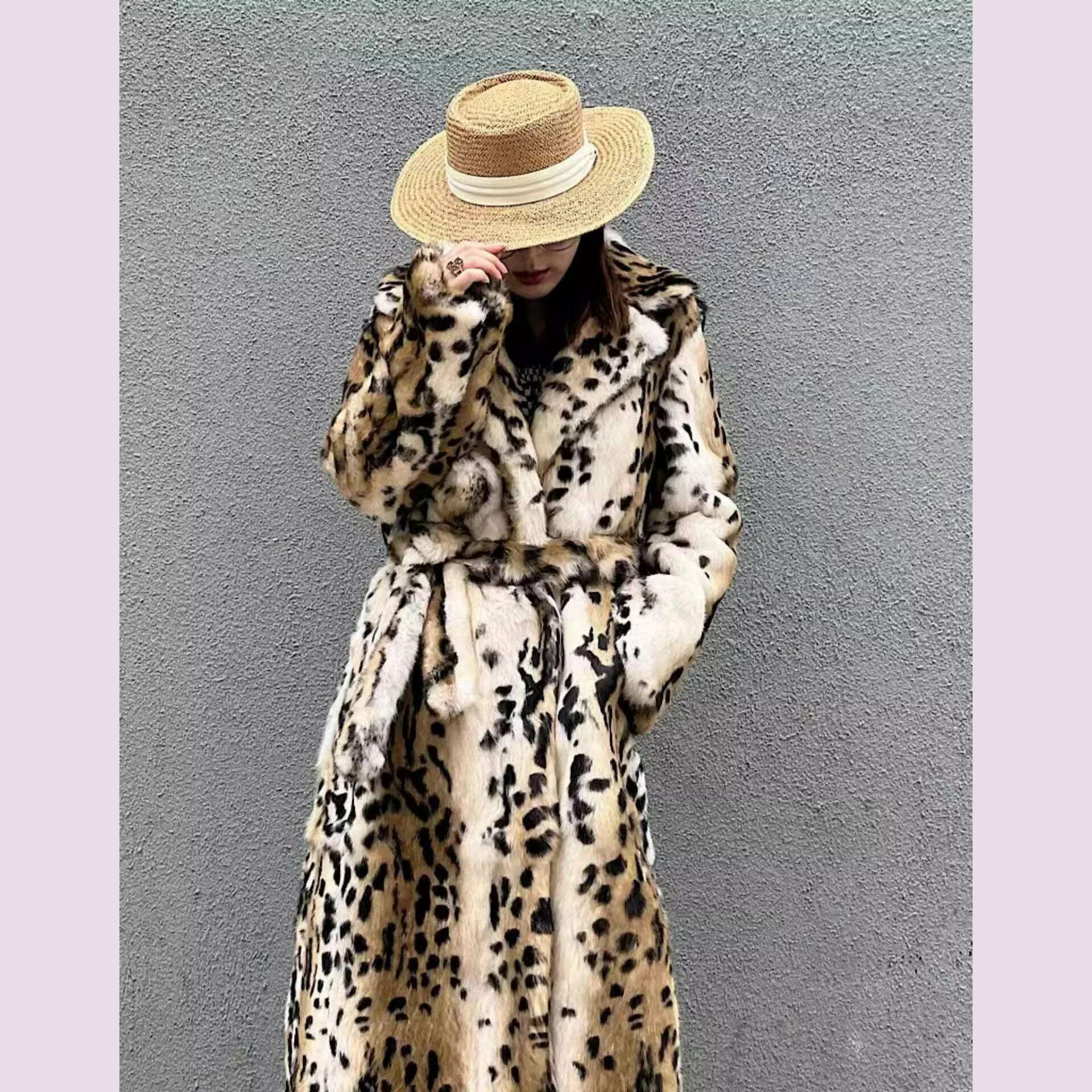 Genuine natural real Rabbit Fur Coat women's long leopard jacket with belt ladies warm winter outwear custom any size
