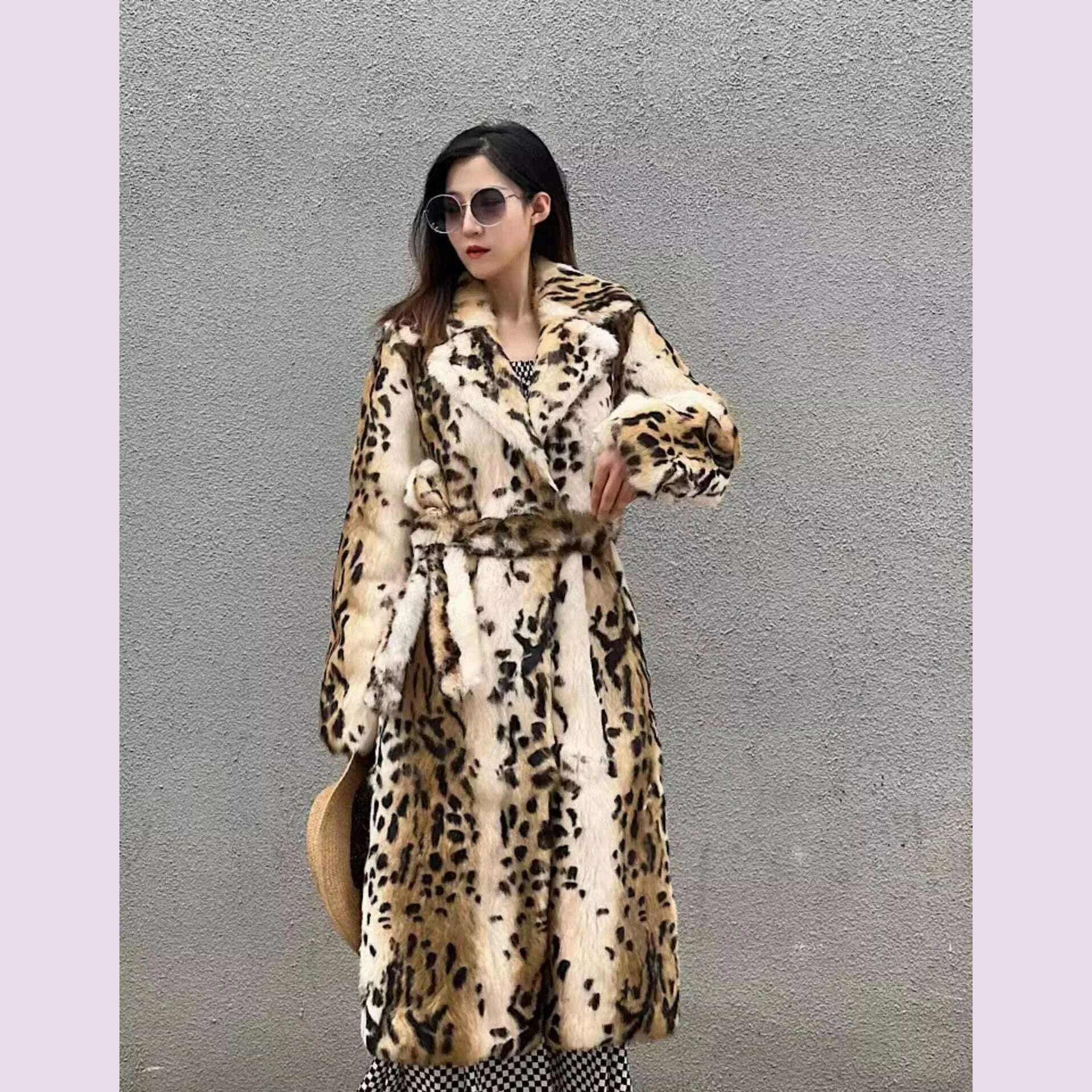Genuine natural real Rabbit Fur Coat women's long leopard jacket with belt ladies warm winter outwear custom any size