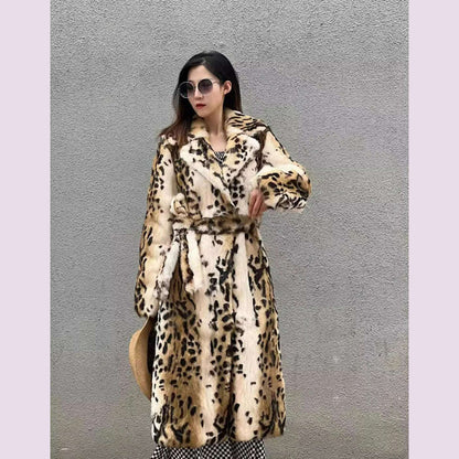 Genuine natural real Rabbit Fur Coat women's long leopard jacket with belt ladies warm winter outwear custom any size
