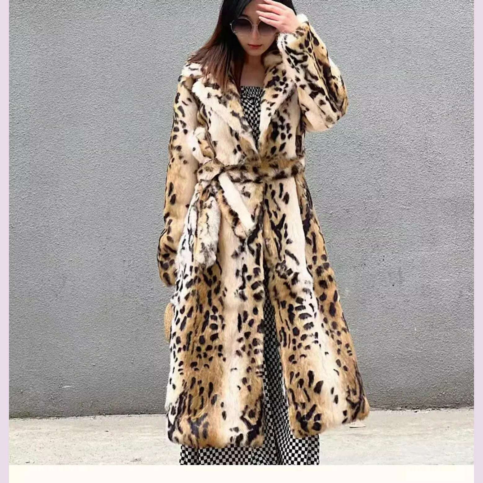 Genuine natural real Rabbit Fur Coat women's long leopard jacket with belt ladies warm winter outwear custom any size