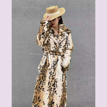 Genuine natural real Rabbit Fur Coat women's long leopard jacket with belt ladies warm winter outwear custom any size