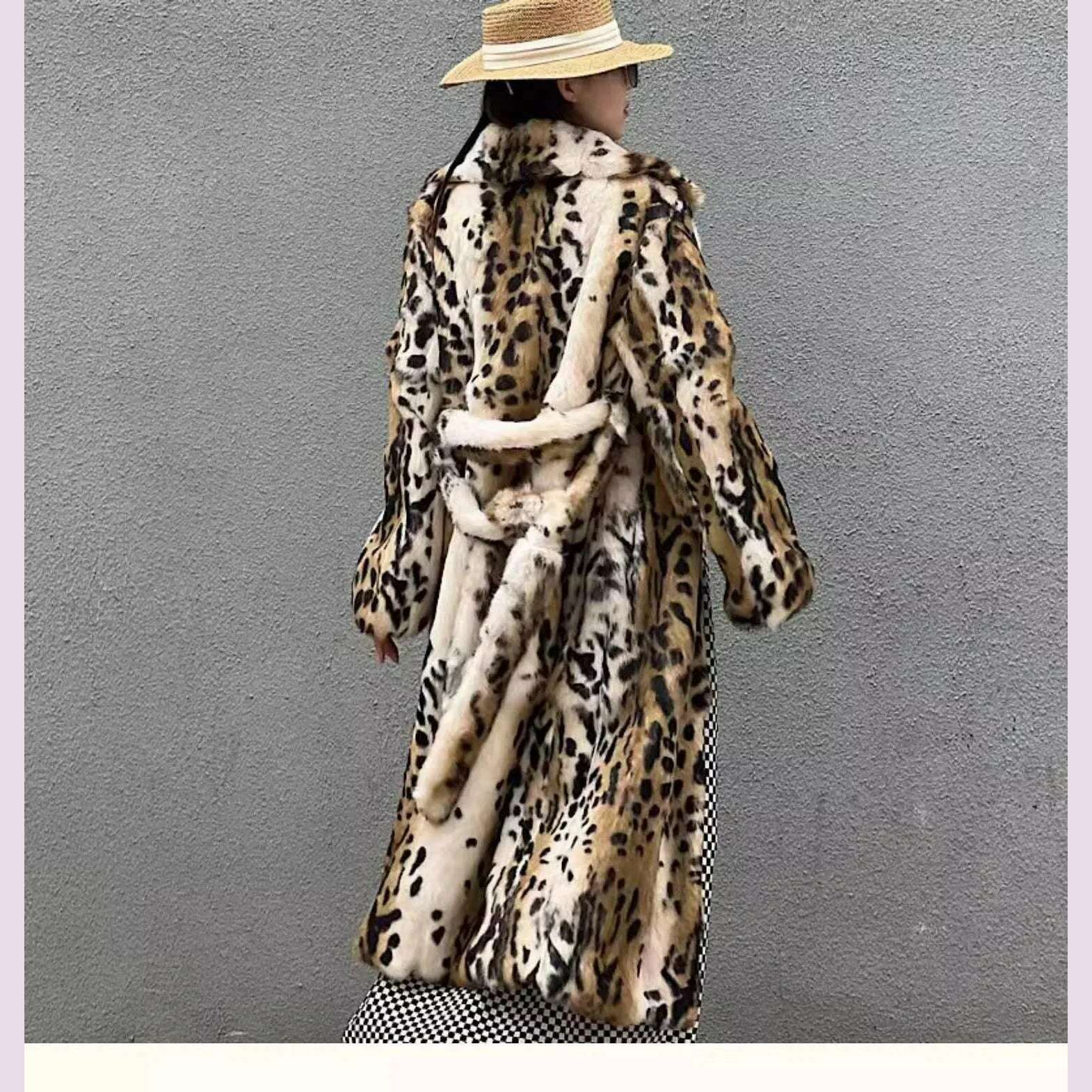 Genuine natural real Rabbit Fur Coat women's long leopard jacket with belt ladies warm winter outwear custom any size
