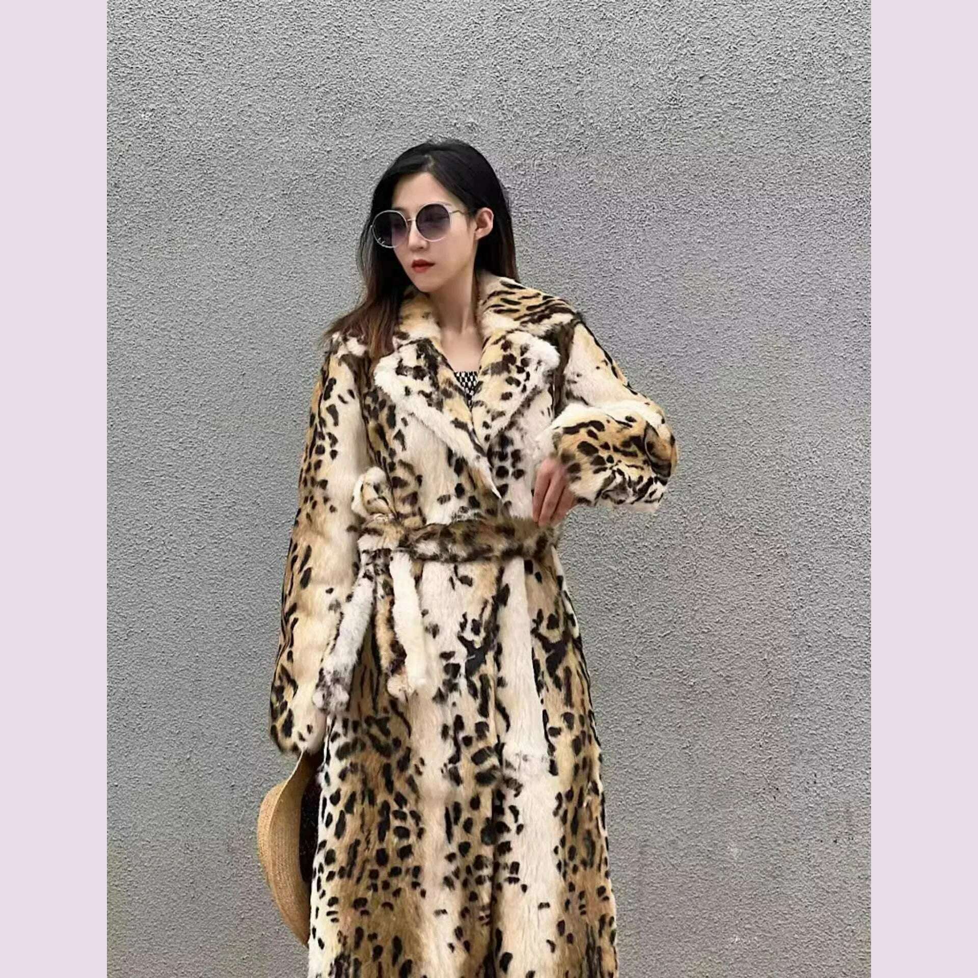 Genuine natural real Rabbit Fur Coat women's long leopard jacket with belt ladies warm winter outwear custom any size