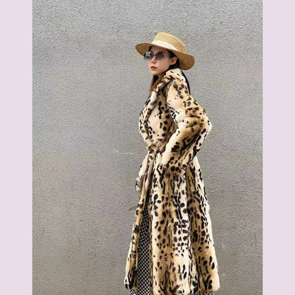 Genuine natural real Rabbit Fur Coat women's long leopard jacket with belt ladies warm winter outwear custom any size