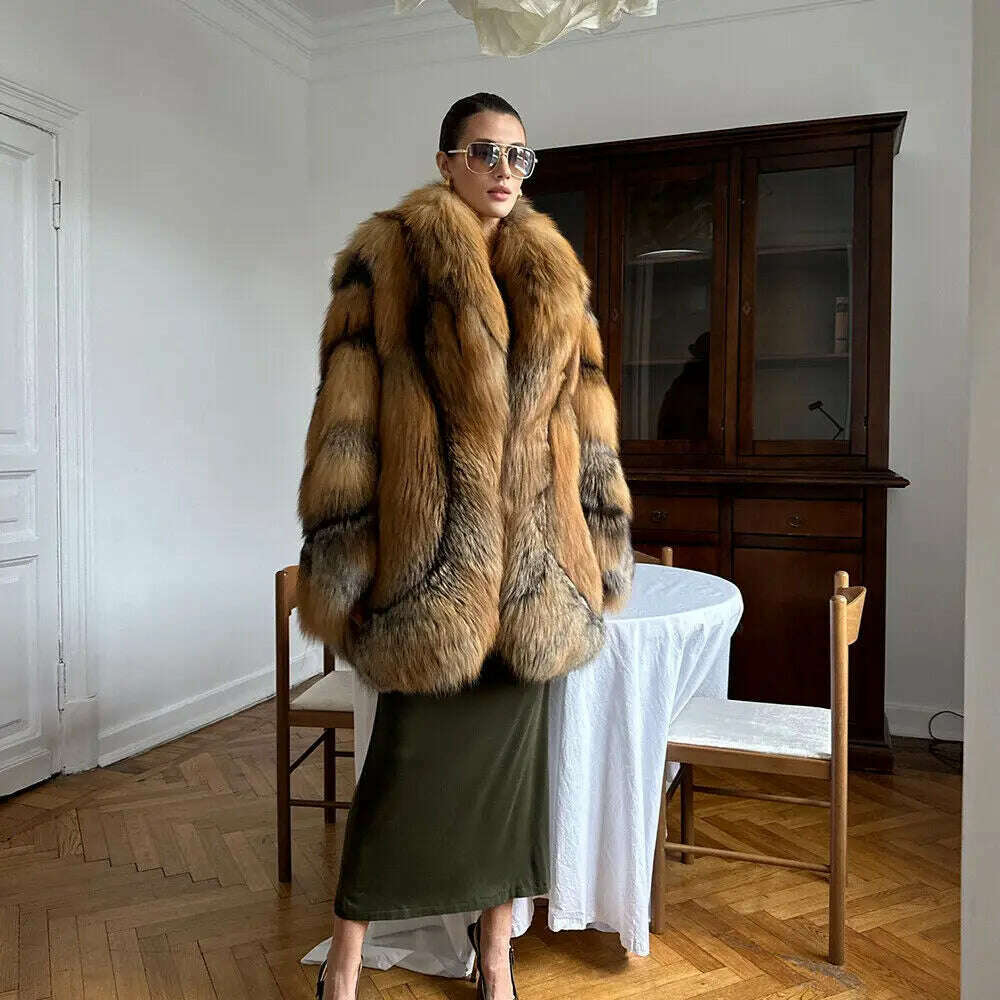 Glamorous Women's Real Red Fox Fur Lapel Coat Winter Luxury Genuine Fox Fur Jacket Female Elegant Natural Fur Thick Overcoat