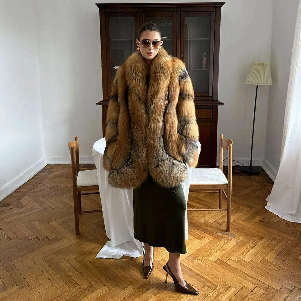 Glamorous Women's Real Red Fox Fur Lapel Coat Winter Luxury Genuine Fox Fur Jacket Female Elegant Natural Fur Thick Overcoat