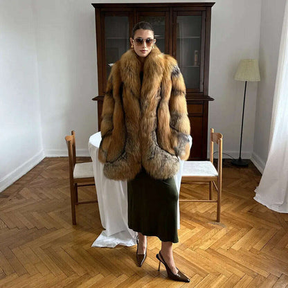 Glamorous Women's Real Red Fox Fur Lapel Coat Winter Luxury Genuine Fox Fur Jacket Female Elegant Natural Fur Thick Overcoat