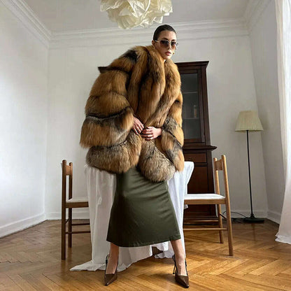 Glamorous Women's Real Red Fox Fur Lapel Coat Winter Luxury Genuine Fox Fur Jacket Female Elegant Natural Fur Thick Overcoat