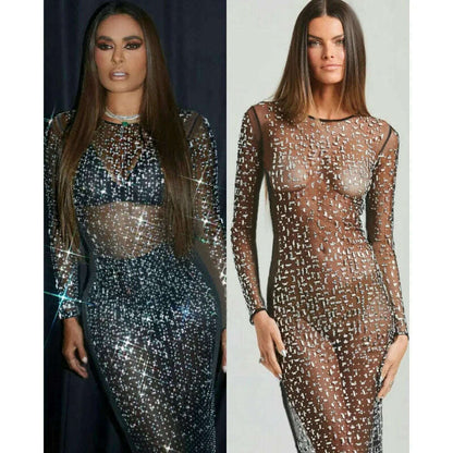 Glitter Female Cover up Maxi Dress Mesh See-Through Split Fashion Long Sleeve Slim Sexy Beach Cover up Dress For Women New