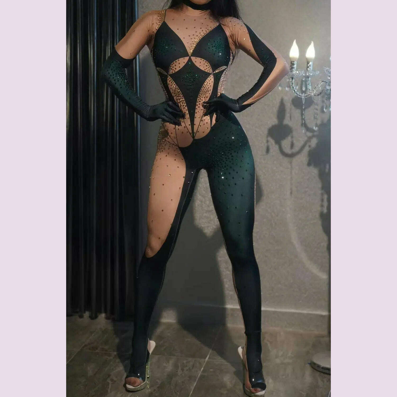 Glitter Rhinestones Jumpsuit for Women SexyStretch Dance Bodysuit Party Singer Stage WearBirthday Drag iueen Costumes Posui 7G