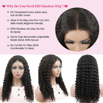 Glueless Human Hair Wigs Deep Wave Lace Frontal Wigs For Women 180% Quick Easy Install Glueless Wigs 4x4 Lace Wear And Go Wig