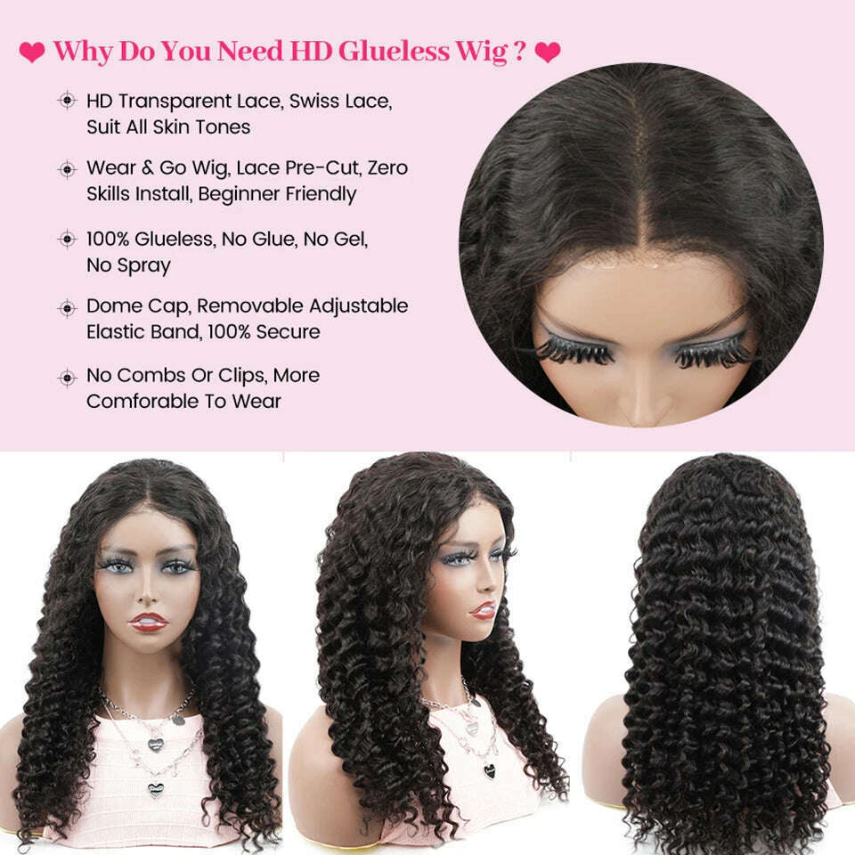 Glueless Human Hair Wigs Deep Wave Lace Frontal Wigs For Women 180% Quick Easy Install Glueless Wigs 4x4 Lace Wear And Go Wig