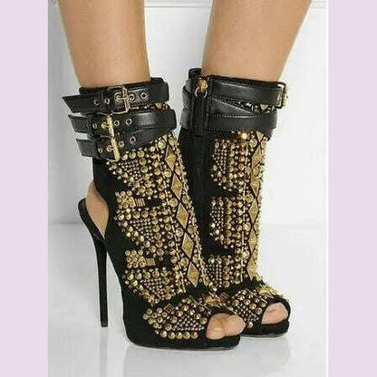 Gold Crystal Stud Embellished Short Ankle Boots Cut-outs Peep Toe Sandal Boots High Heels Summer Lady Suede Boots Shoes