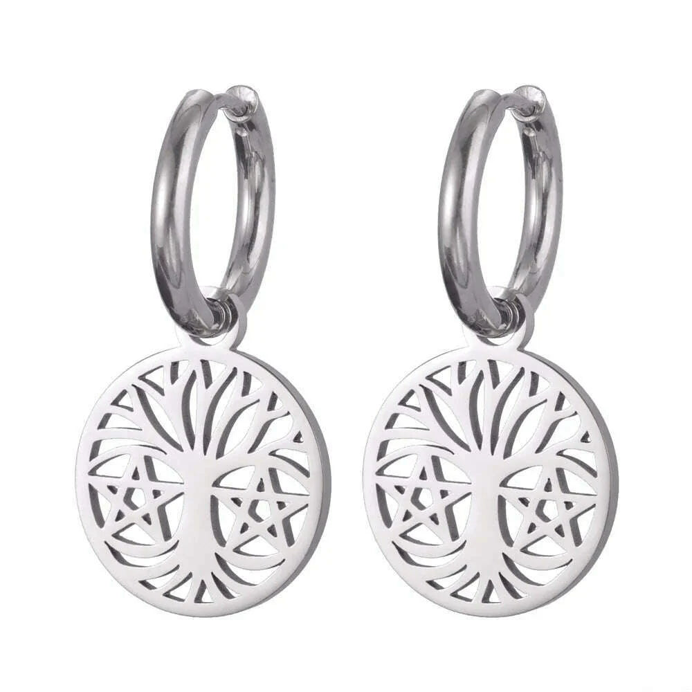 Gold Plated Tree of Life Rond Dangle Hoop Earrings for Women Stainless Steel Luxury Charm Trend Female Earring Jewelry Gifts
