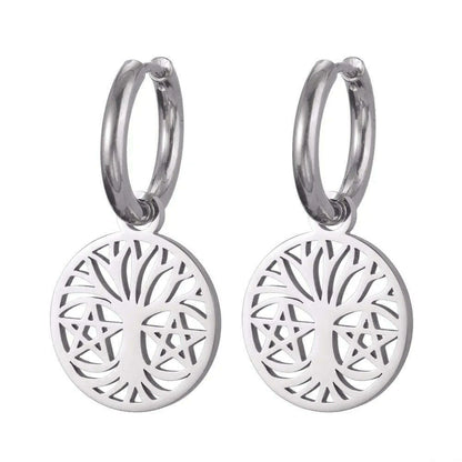 Gold Plated Tree of Life Rond Dangle Hoop Earrings for Women Stainless Steel Luxury Charm Trend Female Earring Jewelry Gifts