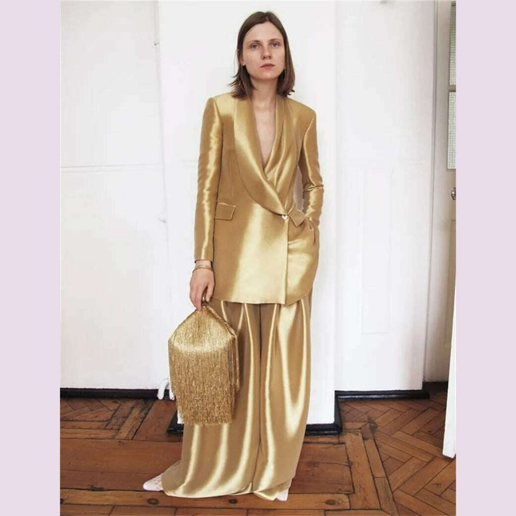 Gold Silk Satin Women Suits Office Set For Wedding Tuxedo 2 Pcs Loose Blazer+Wide Leg Pant Formal Party Prom Evening Customized