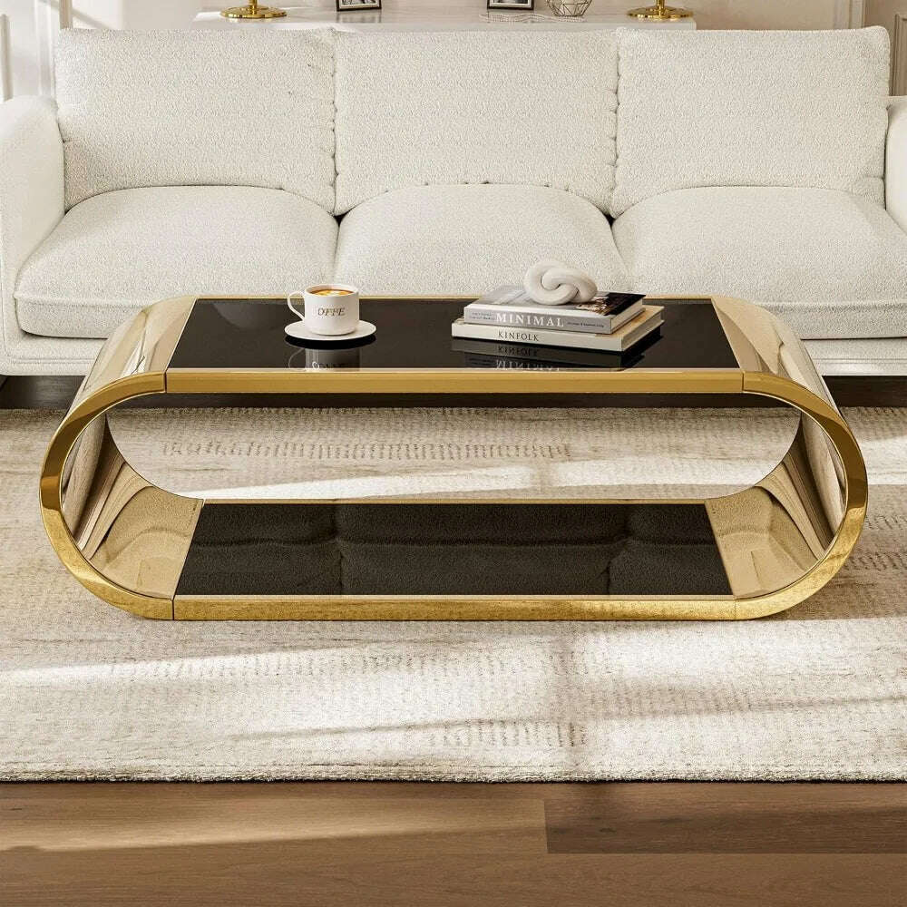 Golden Stainless Steel Glass Coffee Table, Modern Living Room Coffee Table, 2-story Glass Roof Large Space Stylish Design
