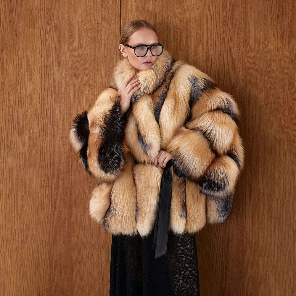 Gorgeous Womens Real Red Fox Fur Coats Thick Collar Poncho Luxury Winter Natural Fox Fur Fluffy Outwear Female Real Fur Overcoat