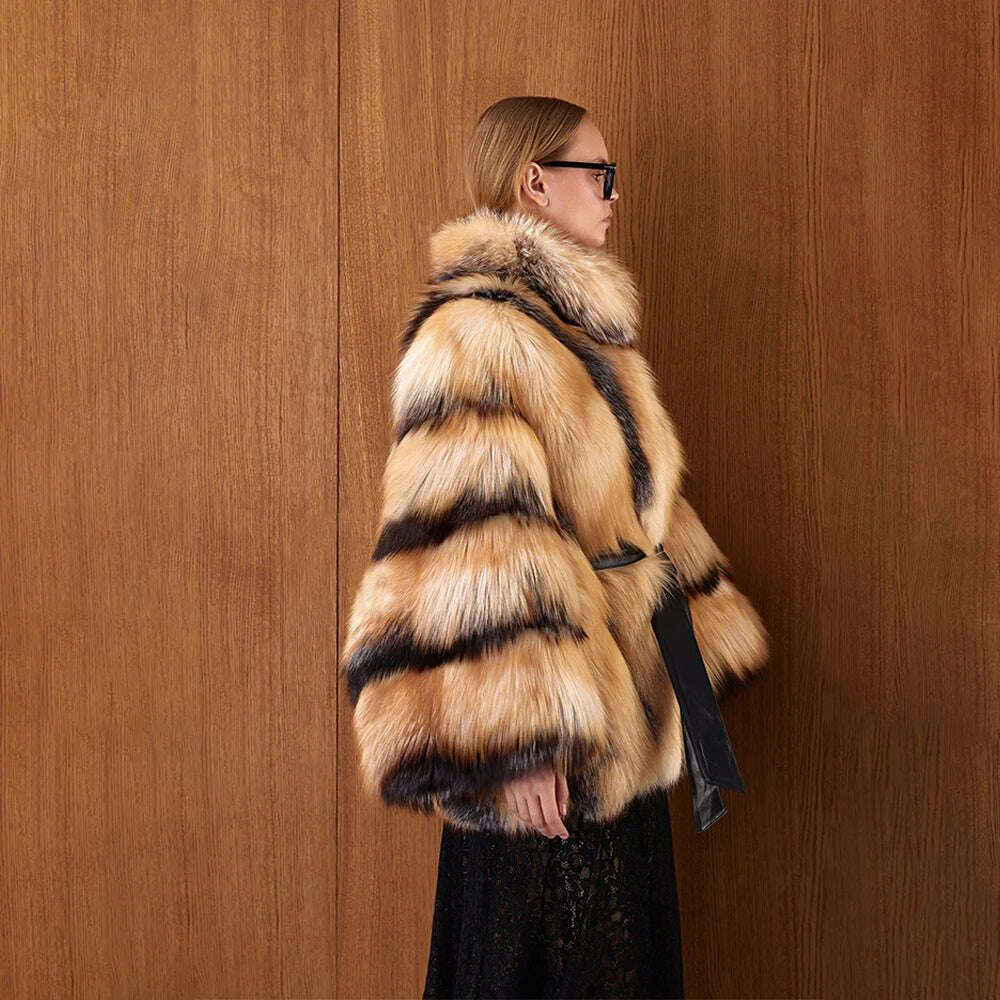Gorgeous Womens Real Red Fox Fur Coats Thick Collar Poncho Luxury Winter Natural Fox Fur Fluffy Outwear Female Real Fur Overcoat