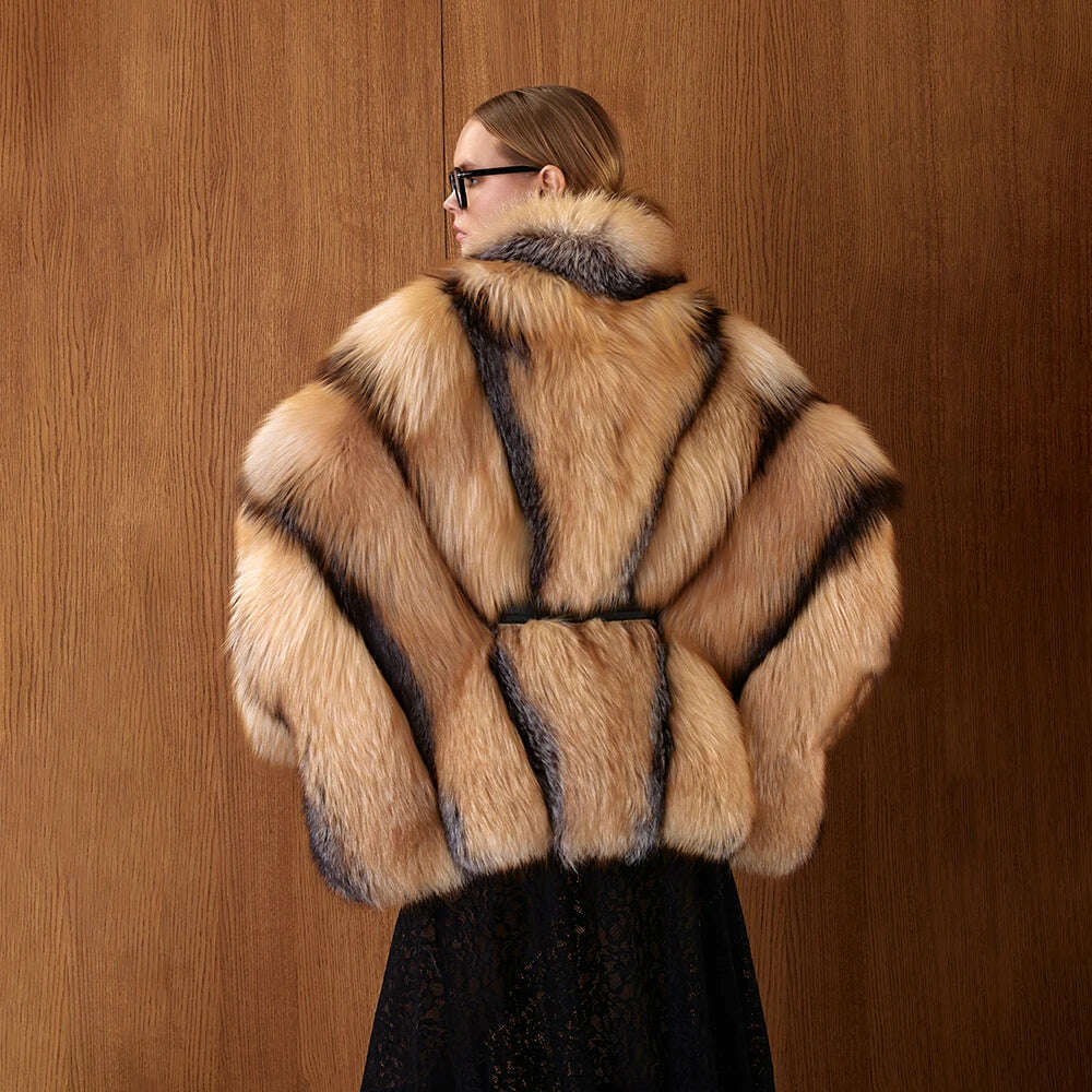 Gorgeous Womens Real Red Fox Fur Coats Thick Collar Poncho Luxury Winter Natural Fox Fur Fluffy Outwear Female Real Fur Overcoat