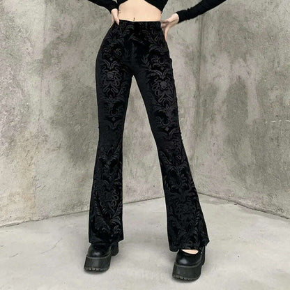Gothic Retro Print Black Pants Women Harajuku High Waist Flared Pants 2023 Punk Velvet Trousers Vintage Streetwear Dark Academia