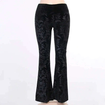 Gothic Retro Print Black Pants Women Harajuku High Waist Flared Pants 2023 Punk Velvet Trousers Vintage Streetwear Dark Academia