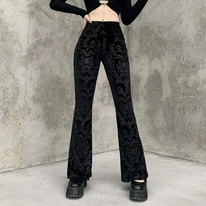 Gothic Retro Print Black Pants Women Harajuku High Waist Flared Pants 2023 Punk Velvet Trousers Vintage Streetwear Dark Academia