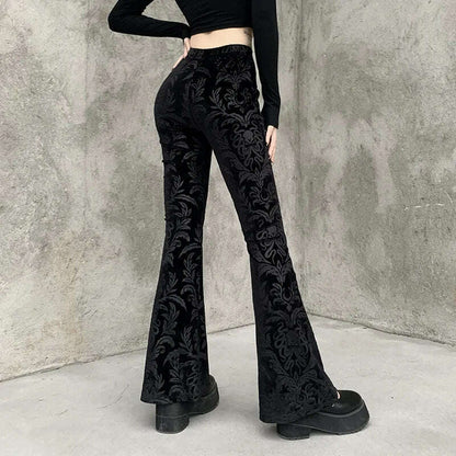Gothic Retro Print Black Pants Women Harajuku High Waist Flared Pants 2023 Punk Velvet Trousers Vintage Streetwear Dark Academia
