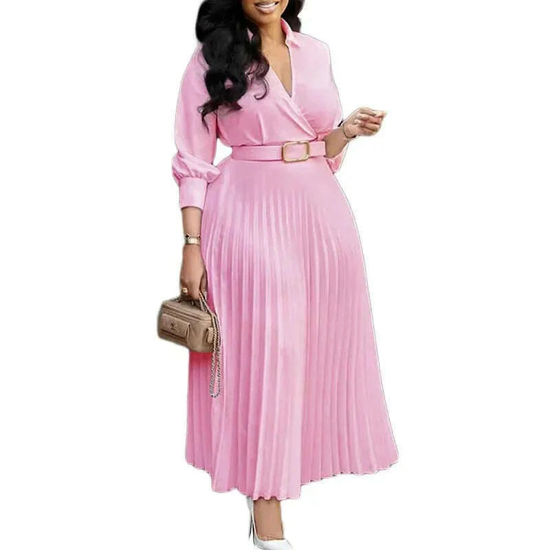 Gowns Dashiki African Dresses for Women Summer Autumn African 3/4 Sleeve V-neck Polyester Party Evening Pleat Dress With Belt