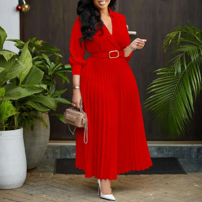 Gowns Dashiki African Dresses for Women Summer Autumn African 3/4 Sleeve V-neck Polyester Party Evening Pleat Dress With Belt