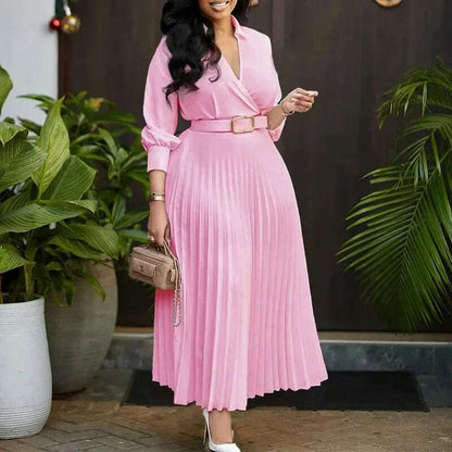 Gowns Dashiki African Dresses for Women Summer Autumn African 3/4 Sleeve V-neck Polyester Party Evening Pleat Dress With Belt
