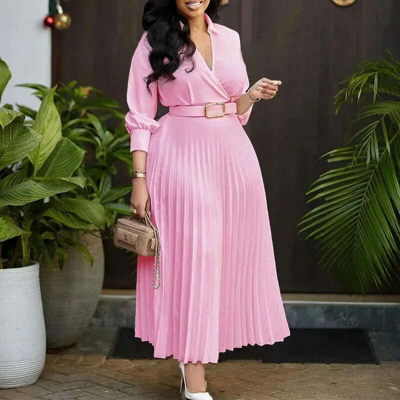 Gowns Dashiki African Dresses for Women Summer Autumn African 3/4 Sleeve V-neck Polyester Party Evening Pleat Dress With Belt