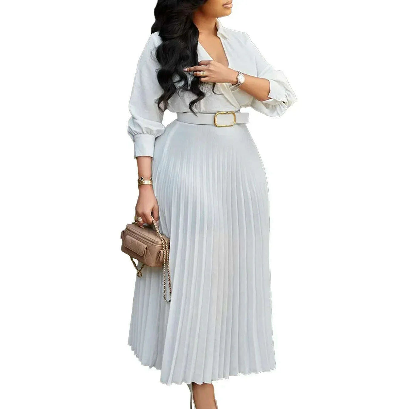 Gowns Dashiki African Dresses for Women Summer Autumn African 3/4 Sleeve V-neck Polyester Party Evening Pleat Dress With Belt