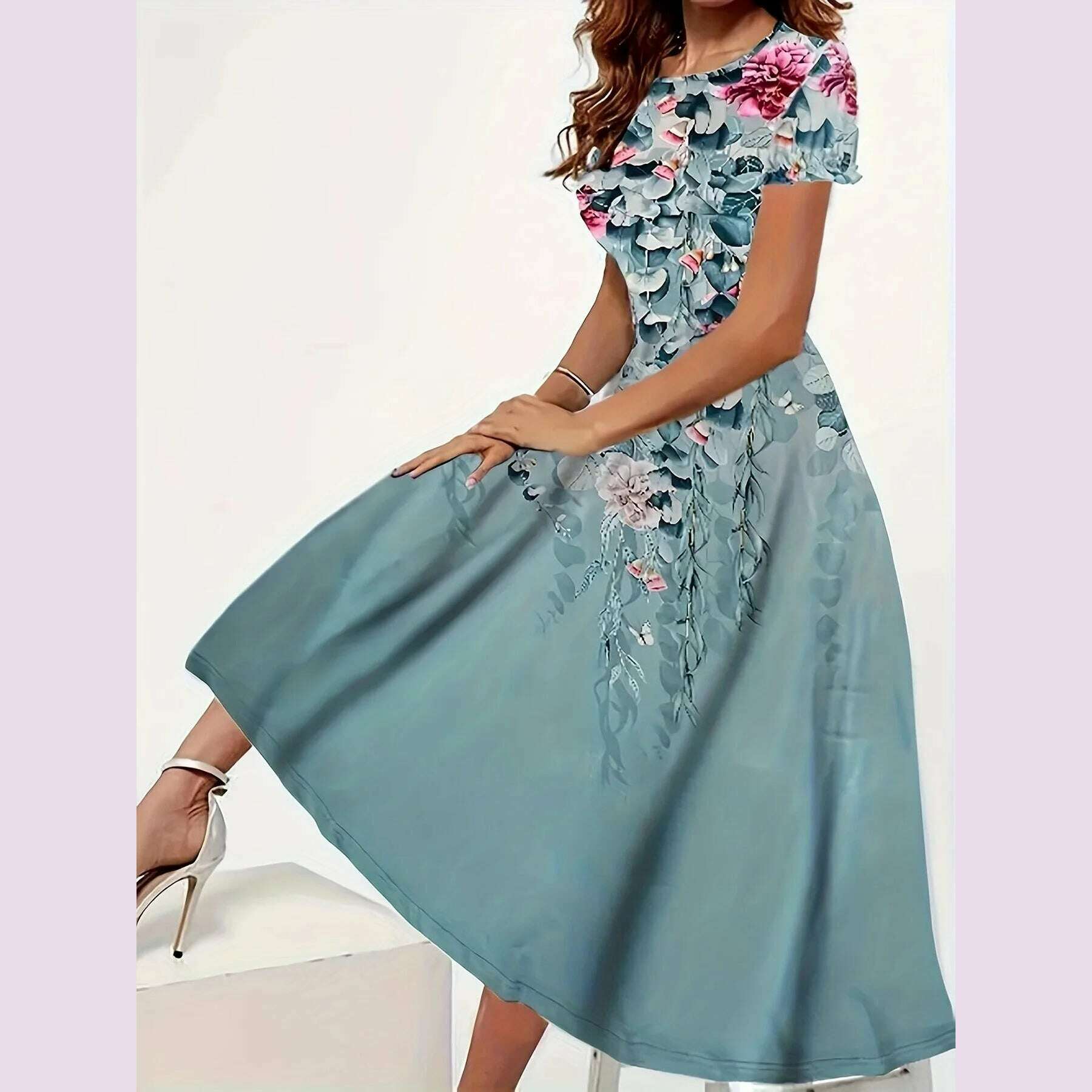 Green printed round neck long dress elegant short sleeved dress for spring and summer comfortable fit women's clothing