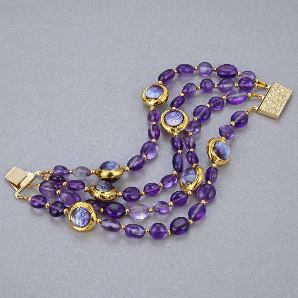 GuaiGuai Jewelry 4Rows Natural Purple Amethysts Rough With Electroplated Edge Purple Murano Glass Bracelet 8" For Women