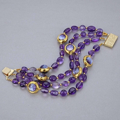 GuaiGuai Jewelry 4Rows Natural Purple Amethysts Rough With Electroplated Edge Purple Murano Glass Bracelet 8" For Women