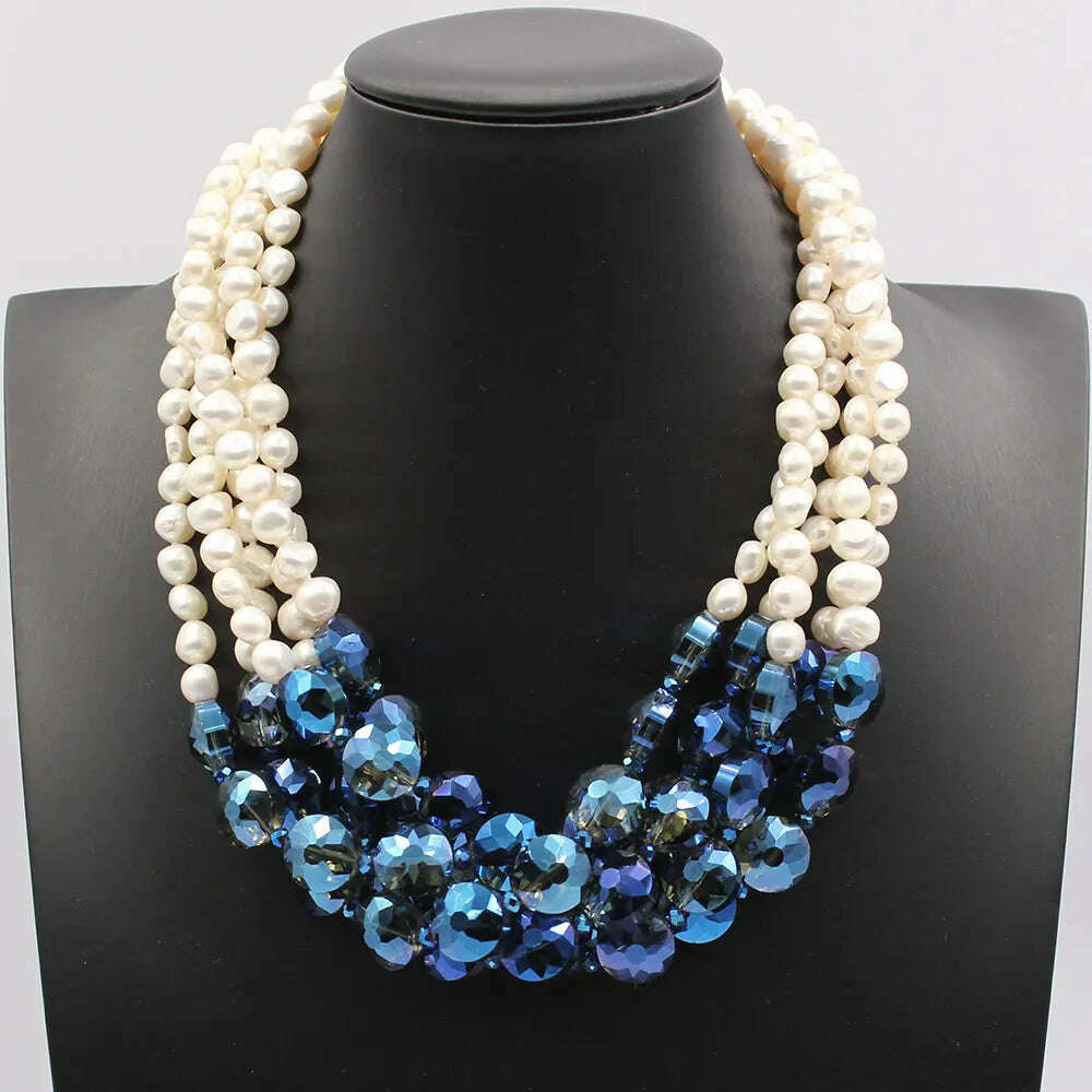 GuaiGuai Jewelry 5 Rows Natural White Keshi Potato Pearl Coin Blue Glass Crytal Necklace Handmade For Lady