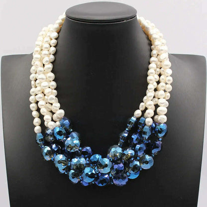GuaiGuai Jewelry 5 Rows Natural White Keshi Potato Pearl Coin Blue Glass Crytal Necklace Handmade For Lady