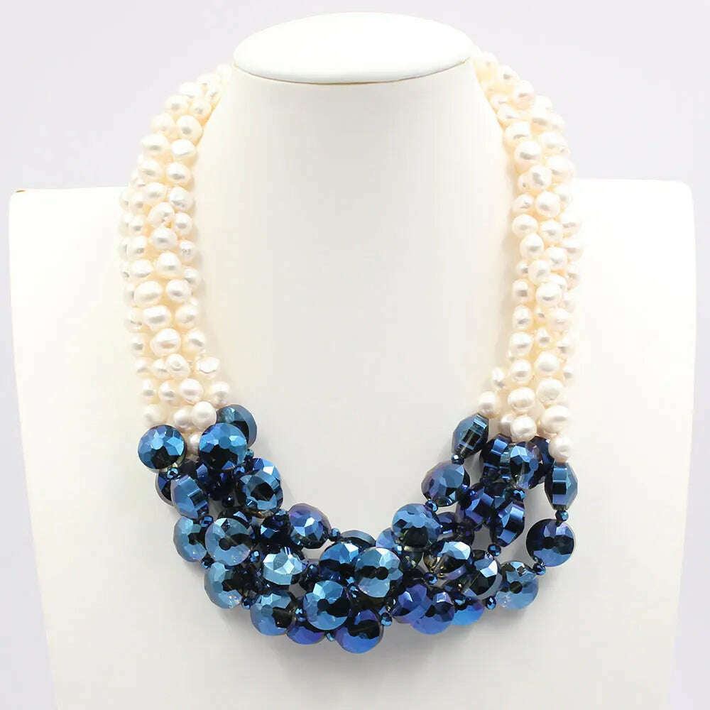 GuaiGuai Jewelry 5 Rows Natural White Keshi Potato Pearl Coin Blue Glass Crytal Necklace Handmade For Lady
